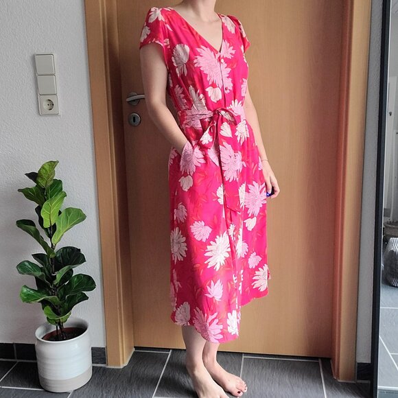 Talbots Pink Floral Chrysanthemum Belted Button Front Midi Shirt Dress 8 Petite - Picture 14 of 16